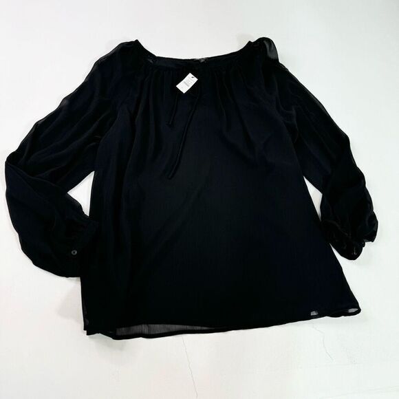 Talbots Top Womens Large Black Solid Long-Sleeve Boat Neck Drawstring Blouse NWT - Picture 1 of 10